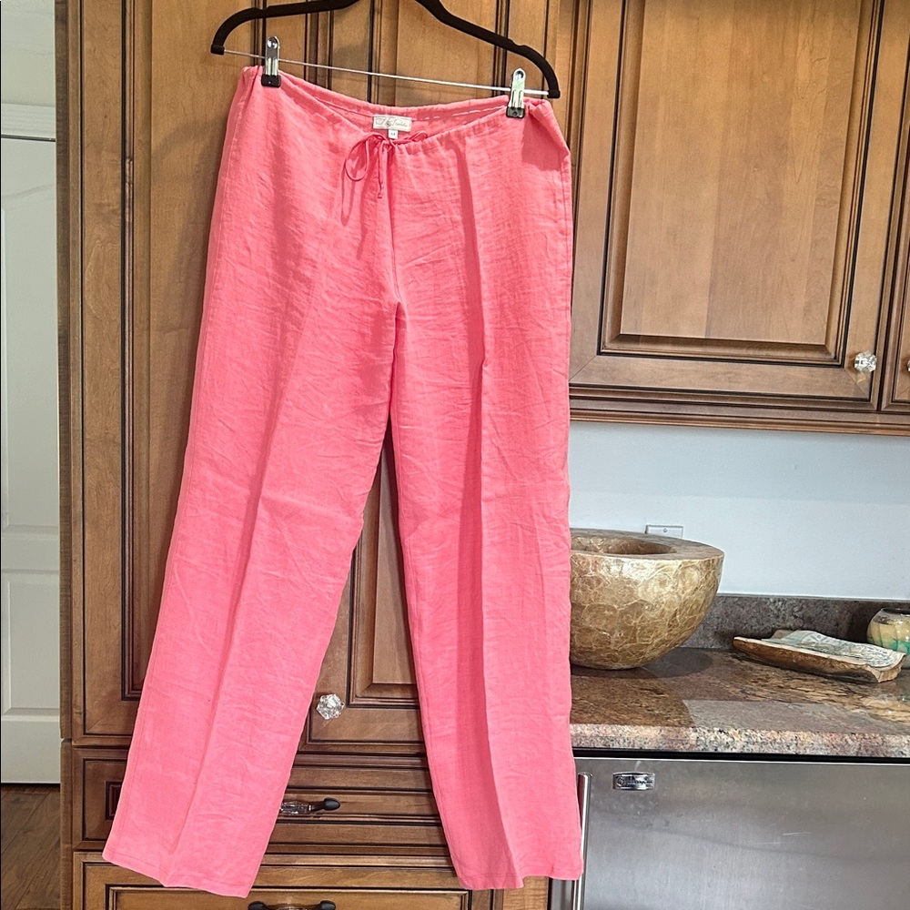 Relaxed Pink Drawstring Linen Trousers for Women